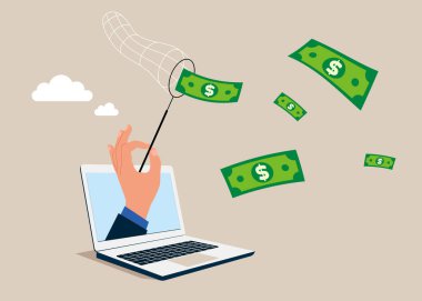 Dizüstü bilgisayarla uçan parayı kelebek ağıyla yakalamaya çalışan bir iş adamı. Bir kaç dolar kazanmak için iş fırsatını kullanmak. Vektör illüstrasyonu.