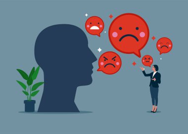 Menajer ve insan kafası üzgün ve kötü suratlı emoji. Çalışanlarda mutluluk yok, iş yok memnuniyet yok, şirket yok, olumsuz tavır. Vektör illüstrasyonu