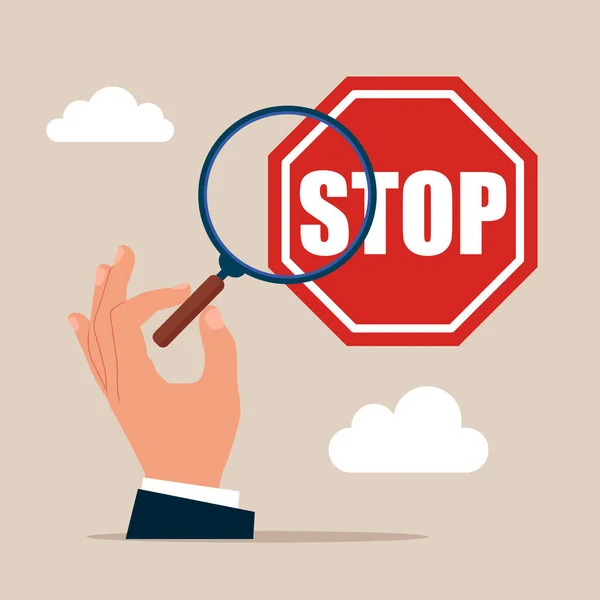 Üzletember Nagyító Monitorral Kivizsgálja Stop Táblás Incidenst Azonosítsa Kockázatot Vagy — Stock Vector