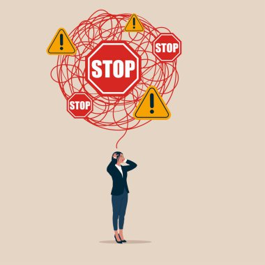 Kafasının üstünde dur işareti ve ünlem işareti olan kafası karışmış bir kadın. Rahatlama endişesini ya da depresyonu destekleyin. Vektör illüstrasyonu