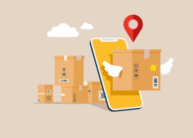 Akıllı telefon sarı ekranından kanatlı bir kutu geliyor. Çevrimiçi dağıtım. Teslimat servisi. Vektör illüstrasyonu.