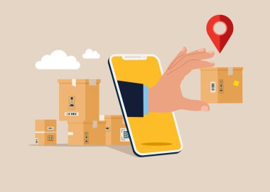 Çevrimiçi dağıtım. Akıllı telefon ekranındaki kurye kutu verir. Teslimat servisi. Düz vektör illüstrasyonu.