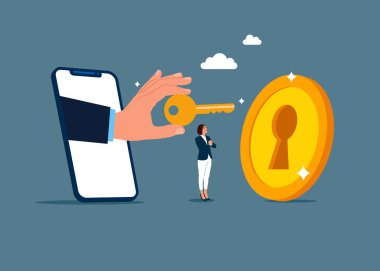 Akıllı telefondan bozuk para anahtar deliğini açmak için altın anahtarı tutan bir iş adamı. Yatırım fırsatlarına açık. Vektör illüstrasyonu