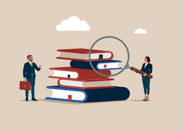 Büyüteçle ve renkli kitaplarla iş adamları. Eğitim, okuma, bilgi ve araştırma konsepti. Bilmek için oku. Düz vektör illüstrasyonu