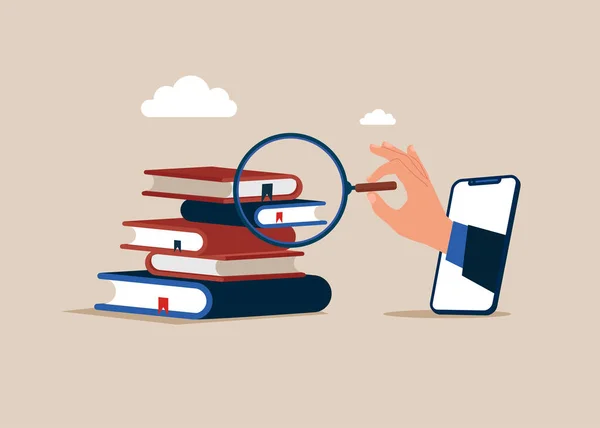 Obchodník Ruka Lupou Přes Smartphone Vidět Číst Vědět Vzdělávání Čtení — Stockový vektor