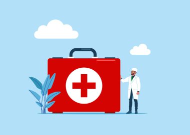 Doktorun elinde büyük bir işaret var. Mavi arka planda izole edilmiş ilk yardım çantası. Sağlık, yardım ve tıbbi teşhisler. Düz vektör illüstrasyonu.