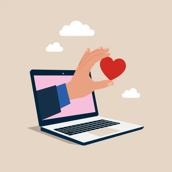 Üzletember Laptopon Tartja Szív Alakját Szerelem Ösztön Romantika Lapos Vektor — Stock Vector