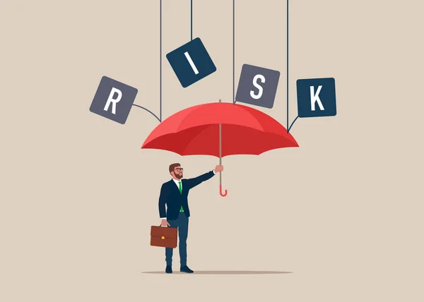 Geschäftsmann Mit Rotem Regenschirm Schützt Vor Risiken Schutz Sicherheit Gefahr — Stockvektor