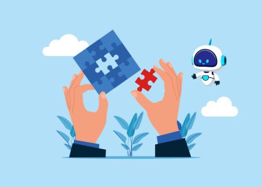 Robot ve iş adamı ve bulmacayı koruyor. Takım çalışması, ortaklık ve çözüm konsepti. Vektör illüstrasyonu.