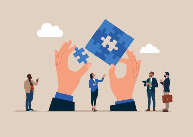 El işadamı ve iş adamları bulmaca saklar. Takım çalışması, ortaklık ve çözüm konsepti. Vektör illüstrasyonu.