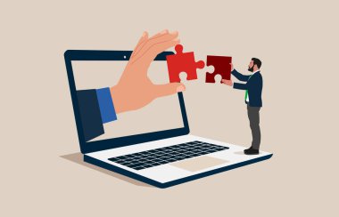 İşadamı ve laptoptaki iş arkadaşı yapbozu birlikte çözdüler. İşbirliği, ortaklık, iş, yatırım. Düz vektör illüstrasyonu.