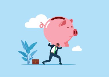 Kumbarası olan büyük bir iş adamı. Vektör illüstrasyonu