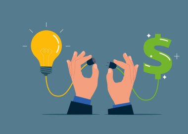 Ampul ve dolar bağlı. Başlangıç ve şirket için finansal destek. Düz biçimli modern vektör illüstrasyonu