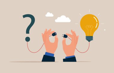 Soru işaretini ampul çözeltisine bağla. Çözüm problemi, zor soruya cevap ya da yenilik iş başarısına yardımcı olur. Vektör illüstrasyonu