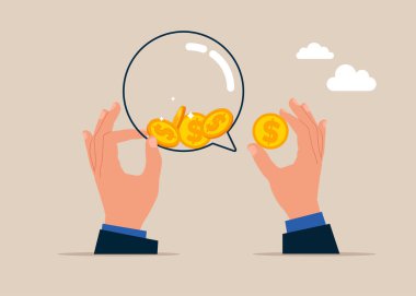 Eller konuşma balonunu metal paralarla doldurur. İş, Şirket, Fon, Altın. Para konuşur. Vektör illüstrasyonu.