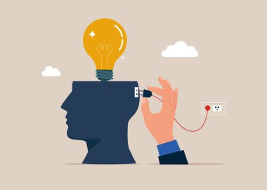 İyimserliği arttır. İş adamı elektriği insan kafasına yeni bir yenilik ve fikirle bağlar. Düz biçimli vektör illüstrasyonu