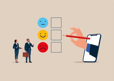 İnternetten iş ekibinin akıl sağlığını kontrol ediyorum. Endişe ve mutluluk. Vektör illüstrasyonu.