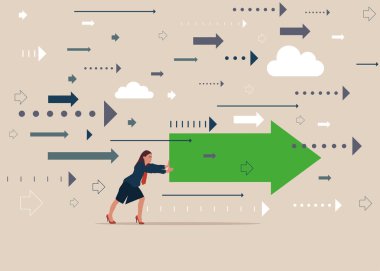 Kadın oku ileri doğru itiyor. Vektör illüstrasyonu.