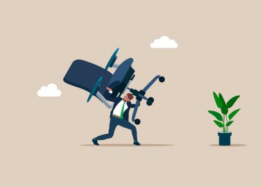 Ofis koltuğu taşıyan bir iş adamı. Hüsrana uğramış iş adamı. İş arama, işe alım, iş, serbest çalışma, iş. Düz vektör illüstrasyonu.