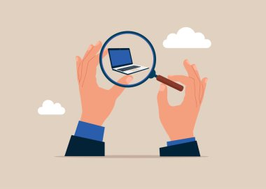 Bilgisayarı görmek için büyüteç kullanıyor. İş analizi ya da piyasa analizi. Düz vektör illüstrasyonu