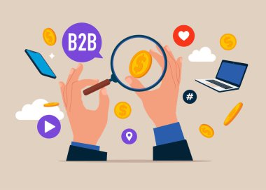 Dolar sikkesini görmek için büyüteç kullanıyor. B2B pazarlama. SMM, internet tebligatı. Sosyal medya ağı reklamları ve internet. Yardımın için minnettarım. Vektör illüstrasyonu