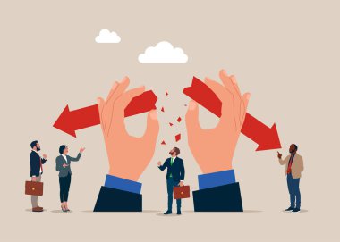 Fikir ayrılıkları, iş adamları. Oku kes ya da kır. Vektör illüstrasyonu