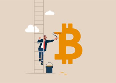 İşadamı bitcoin sembolü çizmek için merdivene tırmandı. Genç adam sarı boya ve yakın plan bir fırçayla resim çiziyor. Vektör illüstrasyonu
