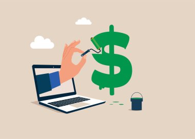 El insan, yeşil boyalı ve yakın plan fırçalı bir dolar sembolü çizer. Vektör illüstrasyonu.