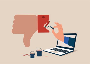 Bilgisayar bir baş parmak boyası çizdi. Bitkin çalışma, ruhsal çöküntü ya da depresyon konsepti. Vektör illüstrasyonu