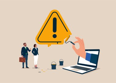 İşadamları ünlem işareti boyamak için boya silindiri tutuyorlar. Sorunu çözmek, riski tanımlamak ya da kritik arızayı tanımlamak. Düz vektör illüstrasyonu