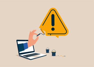 Bilgisayar duvar ünlem işareti boyamak için boya silindiri tutuyor. Olay yönetimi, kök neden analizi veya çözme sorunu, risk veya kritik hatayı tanımla.