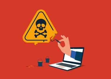 Bilgisayar boya silindiri tutuyor. Özel paten tamir ekipmanıyla resim yapmak bir tehlike işareti..