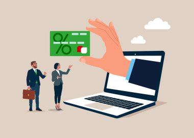 Dizüstü bilgisayar ekranı ve iş adamlarının elindeki kredi kartı. Düz vektör illüstrasyonu