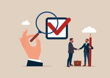 İş adamı el sıkışması onay kutusunu tamamladı. Düz vektör illüstrasyonu