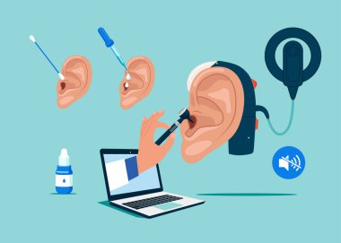 Enstrüman Kontrollü Bilgisayar Devasa Hasta Kulak, Otolaryngolog Otitis, Ağrı veya Tinnitus Hastalığı Tedavisi. Koklear implant ve işitme cihazı. Vektör illüstrasyonu