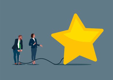 İş adamları yıldız işaretinin balonunu şişiriyor. Altın yıldız iş başarısı ödülü. Düz vektör illüstrasyonu