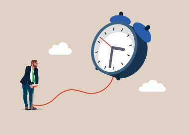 İşadamı saat işaretinin balonunu şişiriyor. 7 / 24 destek servisi, çalışma saatleri. Düz vektör illüstrasyonu.