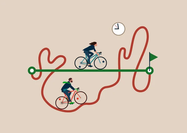骑自行车的生意人走的是笔直而容易的路 其他的人走的是艰难而混乱的路 Flay矢量说明 — 图库矢量图片