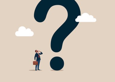 Büyük bir sorun. İş adamı soru işaretiyle ilgili büyük bir olay düşünüyor. Vektör illüstrasyonu. 