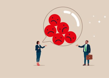 Konuşma balonu hüzünlü duygularla dolu, mutluluk yok. Olumsuz tavır. Düz vektör illüstrasyonu