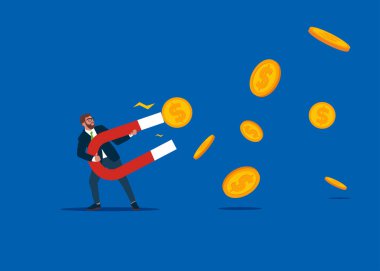 Dolar paralarını mıknatıslamak için mıknatıs tutan bir iş adamı. Milyoner olmanın yolu, finansal başarı ve büyüme.