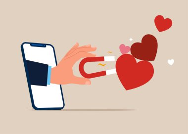 Sevgi sembolü toplamak için mıknatıs kullanan akıllı telefon. Sevgililer günü kartı. Ben de seni. Düz vektör illüstrasyonu