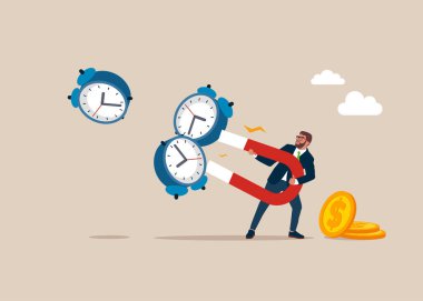 İş adamı saati mıknatıslamak için mıknatıs kullanıyor. Vektör illüstrasyonu