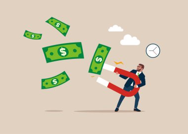 Finansal bir başarı ve büyüme yolu. Kağıt paraları mıknatıslamak için mıknatıs tutan bir iş adamı. Vektör illüstrasyonu