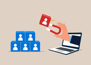 Çalışan alımını mıknatıslamak için mıknatıs kullanıyorlar. Mıknatısın çekim kuvveti. Düz vektör illüstrasyonu