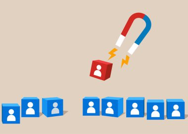 Mıknatıs çalışanları küpler arasından çekiyor. Yeni müşteriler ya da takipçiler çekiyor. Düz vektör illüstrasyonu