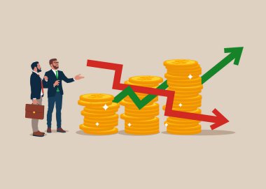 Para yığınlarının yanında duran işadamları. Borsada dalgalanma ve bitcoin kripto para birimi. Vektör illüstrasyonu