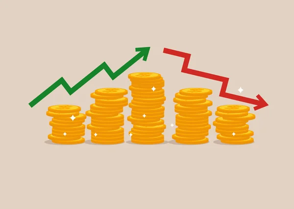 Coin Piles Arrow Risk Fluctuation Stock Market Analyze Data Profit — Stock Vector