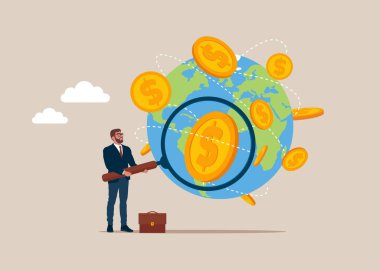 İş adamı küresel para değişimi için bir büyüteç tutuyor. İş anlaşması. Düz vektör illüstrasyonu.