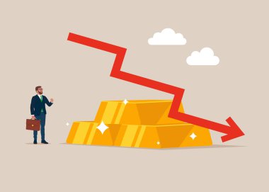 Piyasa yatırımlarında altın fiyatları düşer. Altın külçeleri ve kırmızı grafik aşağı düşüyor. Düz vektör illüstrasyonu